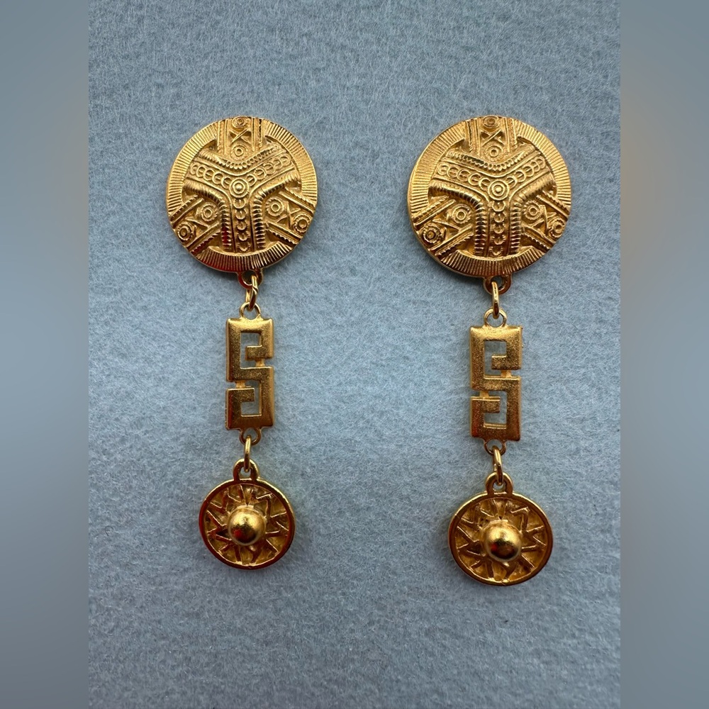 Matte Gold Aztec Sun Drop Earrings – 2.75", Ancient Inspired, Pierced-HIGH DRAMA